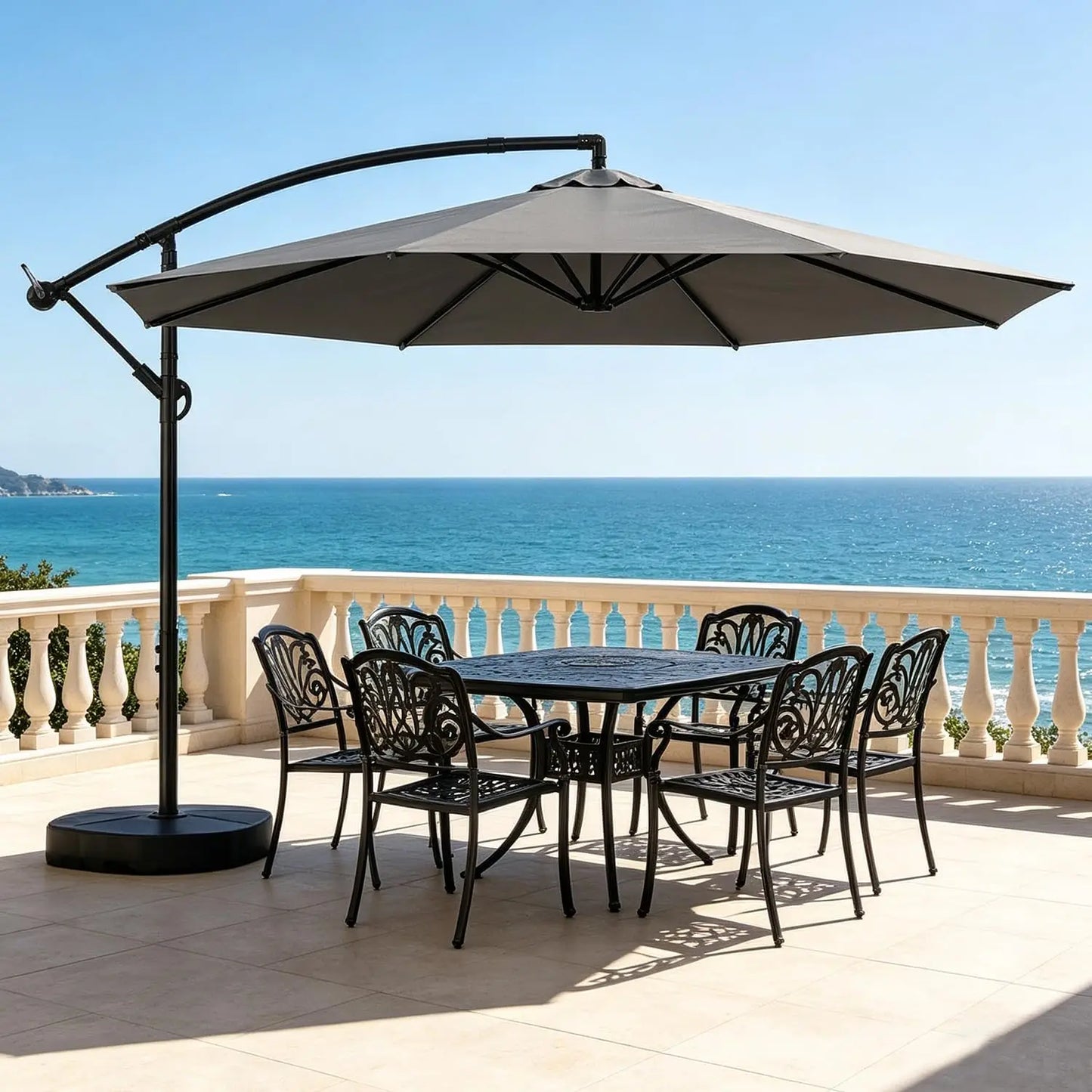 10 Foot Cantilever Patio Umbrella With Base, Outdoor Large Offset Sunshade Canopy With 360 Degree Rotation, Heavy Duty Crank Handle Hanging Market Umbrella For Deck Pool Backyard, Gray
