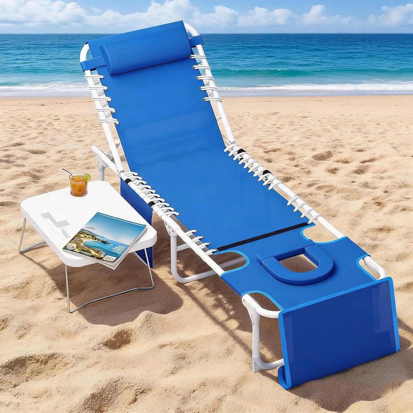 Folding Sun Lounger with Face Hole for Tanning, Outdoor Chaise Lounge Chair 5-Position Adjustable Reclining Lay Flat Beach Chair with Side Table & Carry Strap for Pool Patio Camping