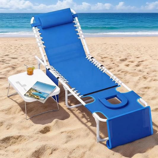 Folding Sun Lounger with Face Hole for Tanning, Outdoor Chaise Lounge Chair 5-Position Adjustable Reclining Lay Flat Beach Chair with Side Table & Carry Strap for Pool Patio Camping
