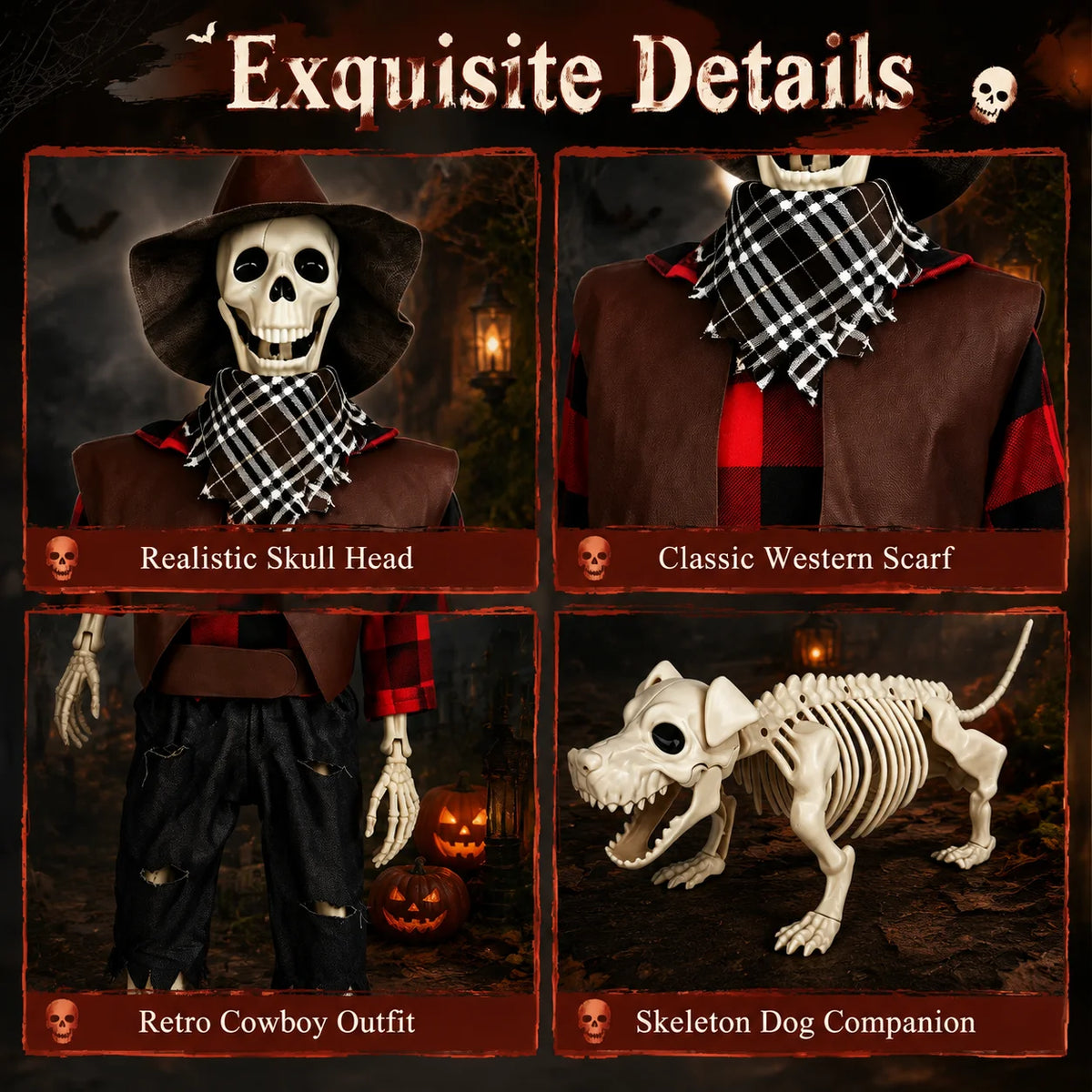 Posable Skeleton And Dog Halloween Cowboy Yard Decorations