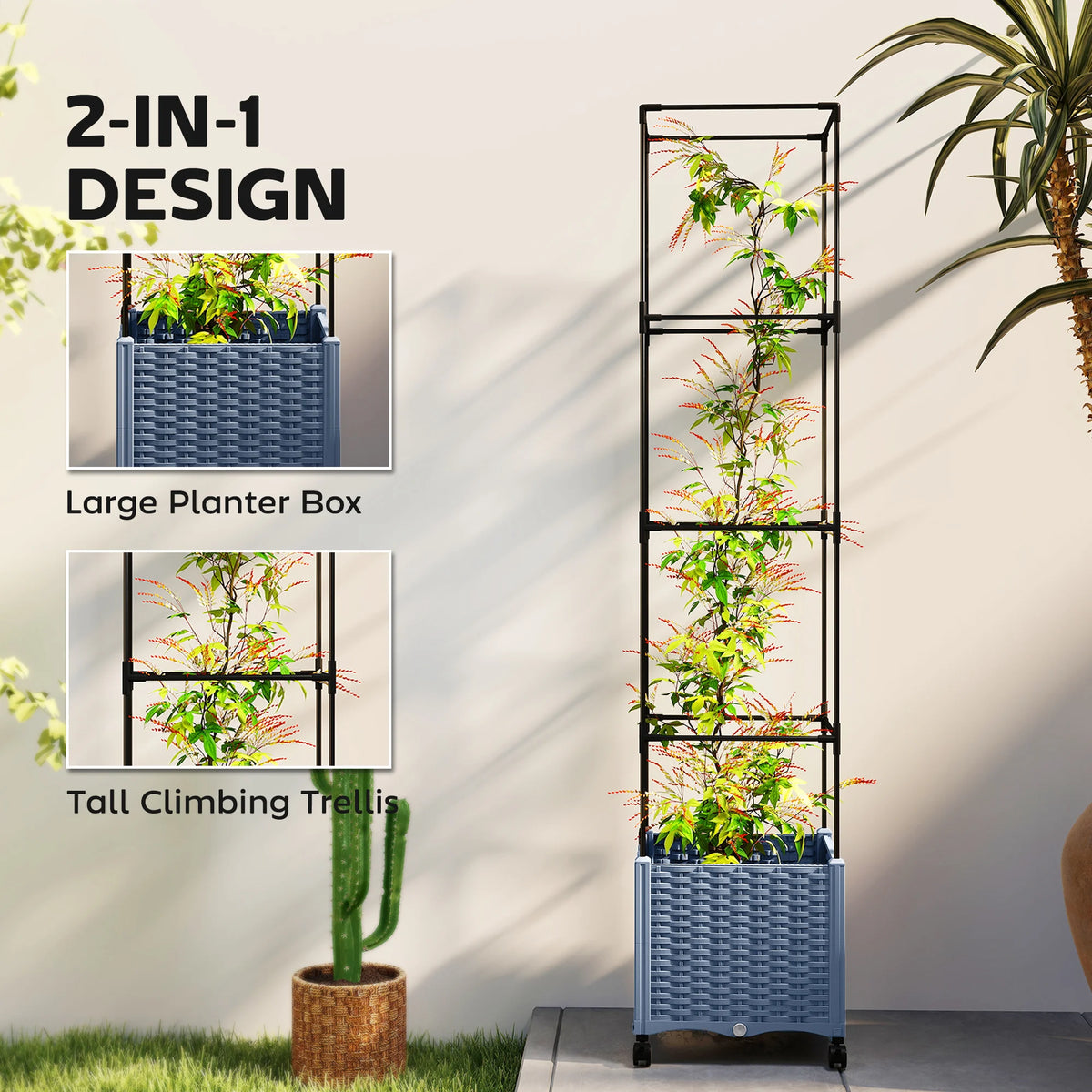 Outsunny Raised Garden Bed with Trellis, 71.7" Tomato Cage, Gray