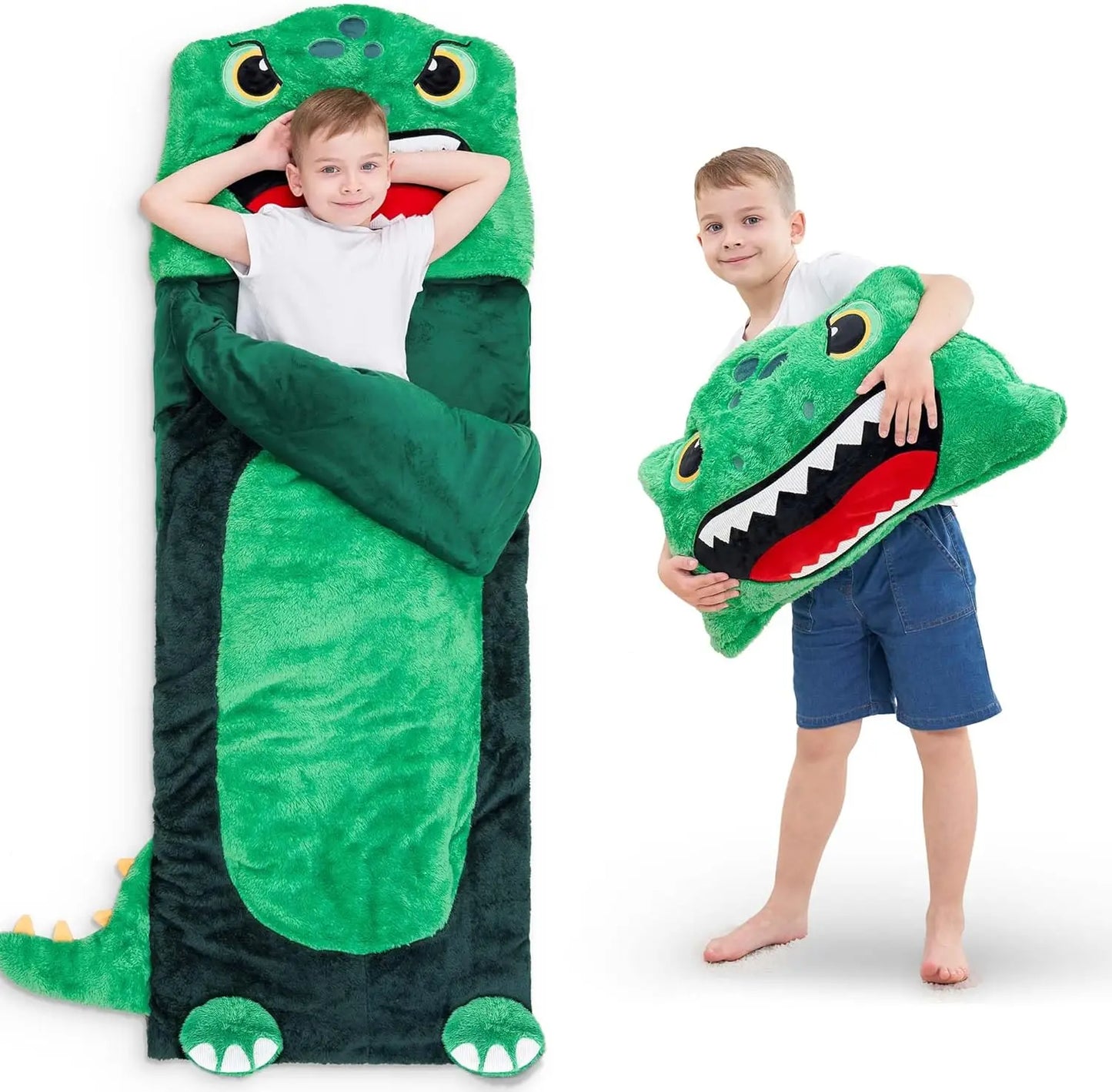 Dinosaur Sleeping Bag for Kids, 2-in-1 Nap Mat & Pillow, Soft Plush Slumber Sack for Travel & Daycare, Ages 3-12