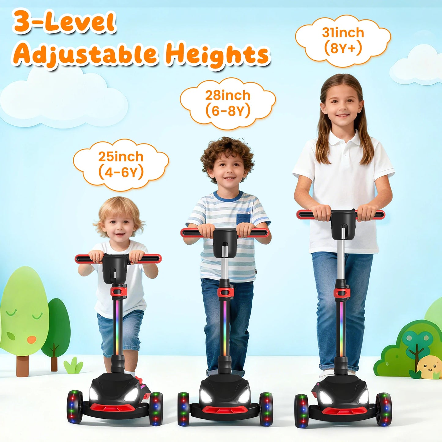 D3 Electric Scooter for Kids with 3 Wheels, 3 Adjustable Heights, Thumb Throttle, LCD Screen, Foldable, Light-Up Stem Deck & Wheels, Ideal Gift for Kids