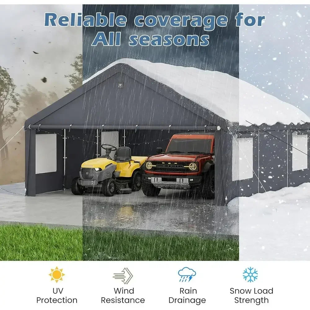 20x20 Heavy-Duty Carport with Galvanized Steel Frame and Waterproof 3-Layer PE Cover for Outdoor Storage and Vehicle Protection