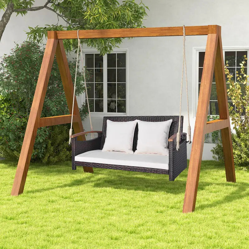 Heavy Duty Double Rattan Hanging Chair Swing With Thick Cushions
