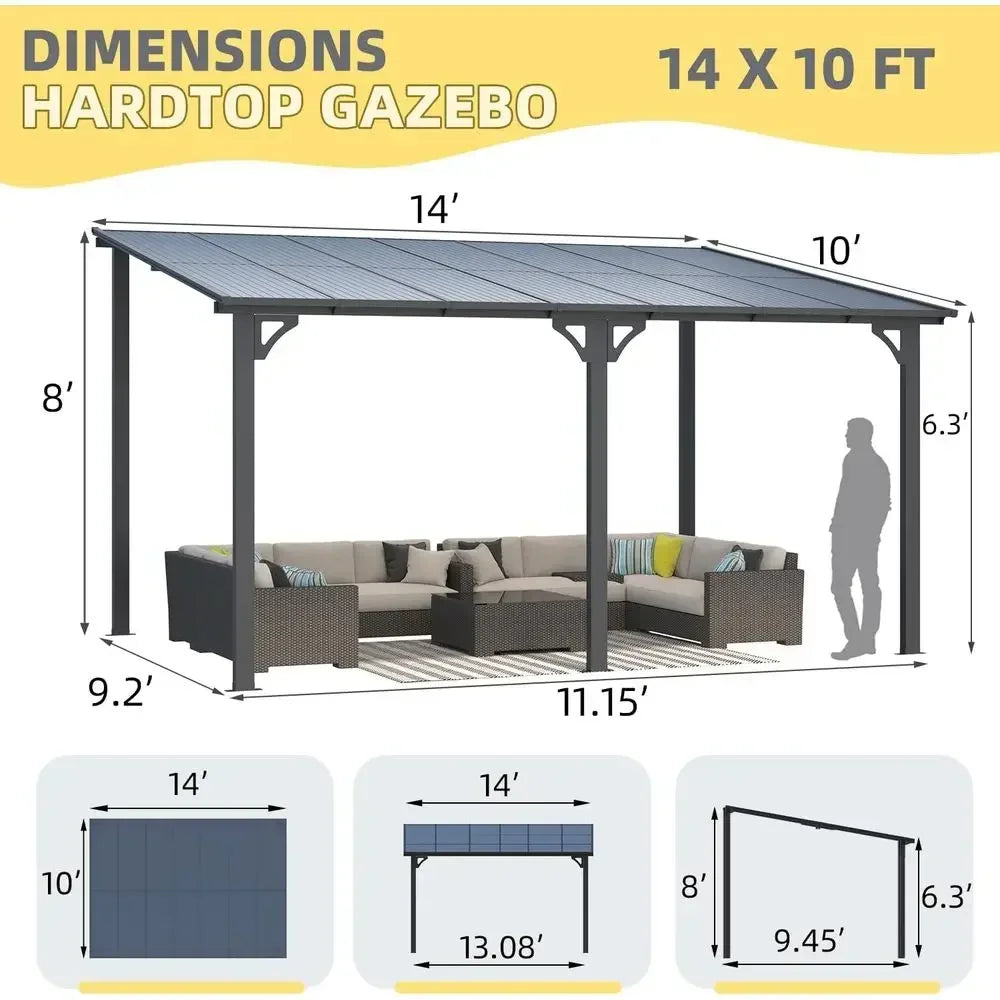 14x10 Outdoor Lean-to Gazebo, Wall-Mounted Pergola, Metal Awning, Large Panel Roof for Patio Use