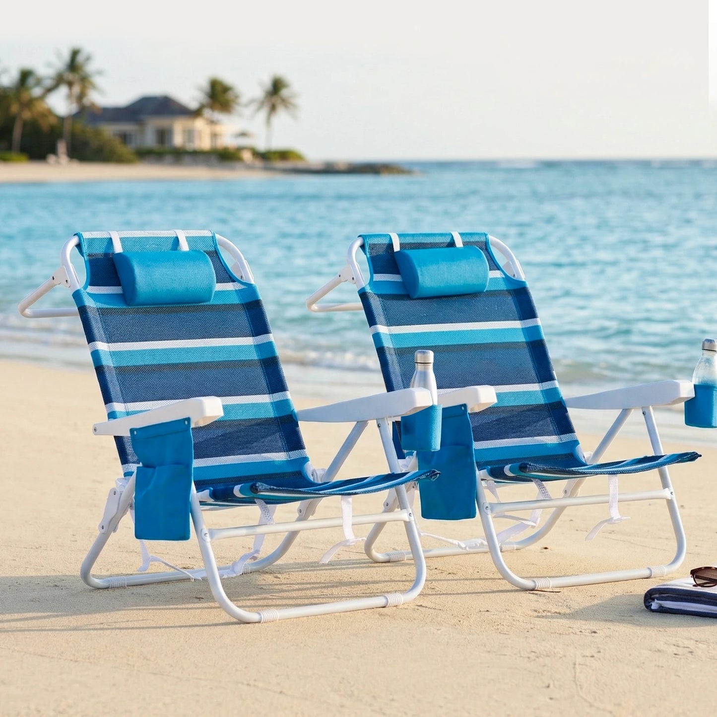 2-piece beach lounge chair folding chair, breathable Teslin fabric, outdoor camping, weighing 350 pounds, adjustable backrest, shoulder strap design for easy travel, headrest, side pockets, cup holder, insulation bag
