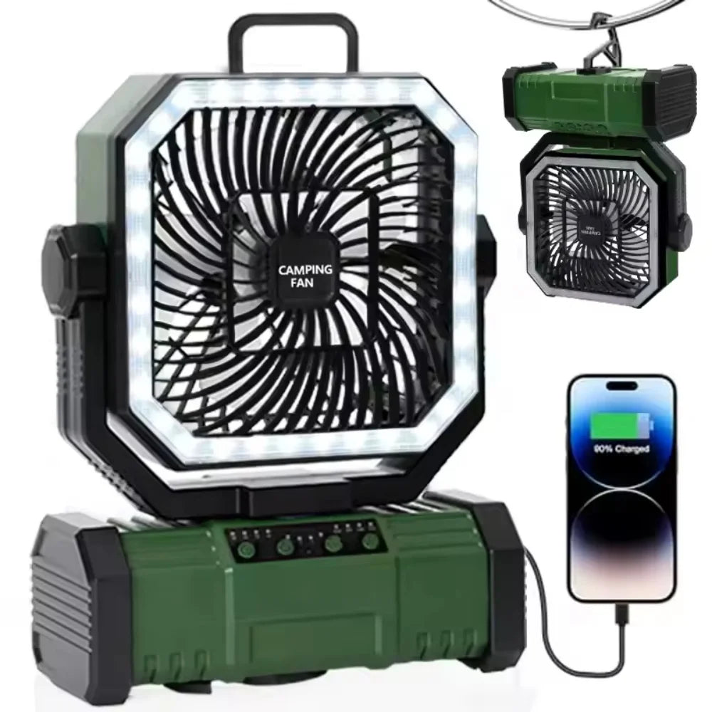 20000mAh Camping Fan with LED Light Portable Outdoor Tent Fan 270° Adjustable 100 Wind Speeds Timer Hook USB Rechargeable Power Bank For Travel Picnic Fishing