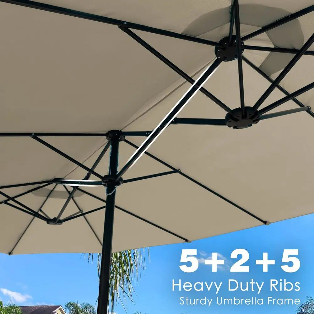 Double-Sided 15ft Patio Umbrella with Crank Lift, UV Protection, and Included Base for Outdoor, Pool, and Garden in Beige