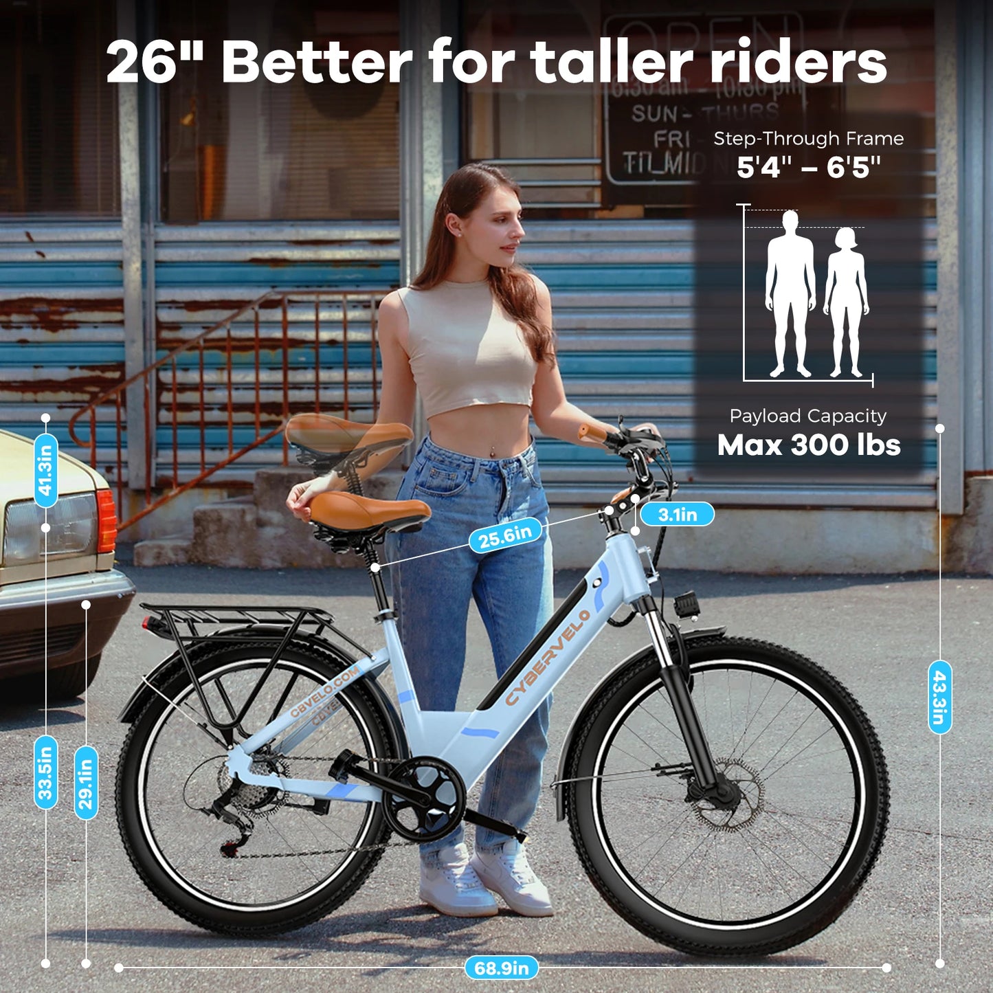 Cybervelo Urban Commute E-Bike, 48V 1000W Peak Motor Detachable Battery 7-Speed shift Electric Bike 26“ Step-Thru adults EK2