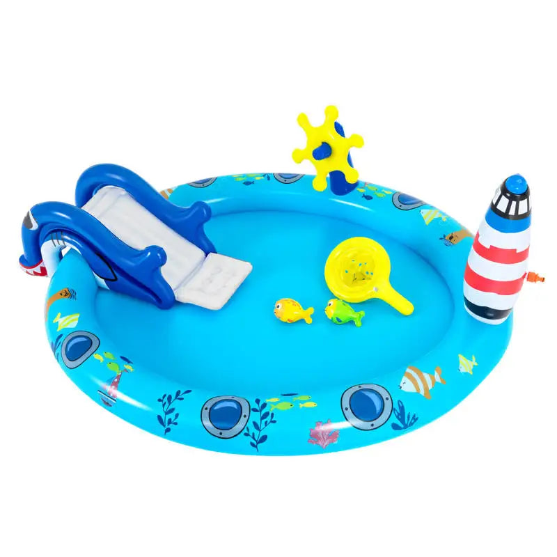 Inflatable Play Center Marine Life Spray Pool with Shark-shaped Slide Lighthouse Sprinkle