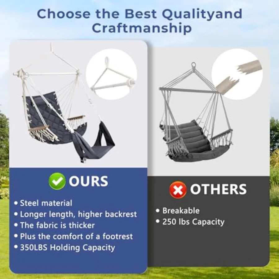 Patio Swing Chair with Adjustable Footrest and Headrest-Quilted FabricandSteel Spreader BarWooden Armrest for Porch/Garden;350l