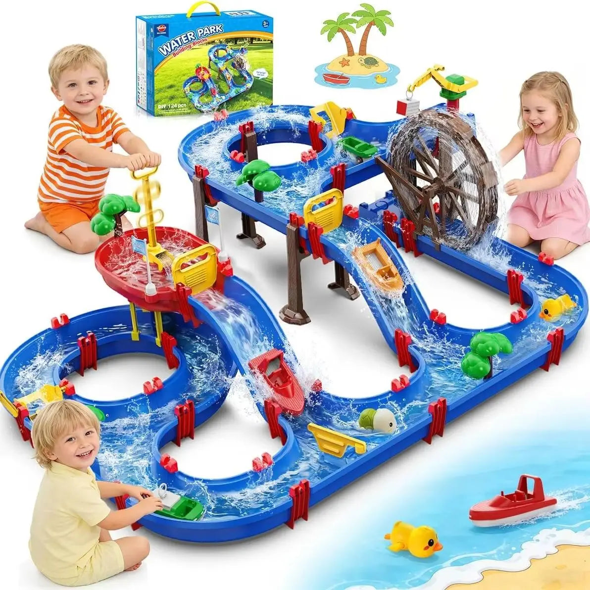 VATOS Summer Outdoor Retro Manual Irrigation Water Truck Kids Toy 2-Tier Watermill Water Table Fun Water Wheel Drifting Playset Backyard Beach Balcony Garden Toys