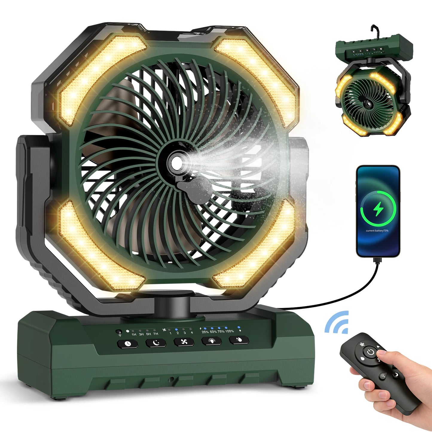 20000mAh Operated Mist Cooling Fan Portable Rechargeable Desk/Camping Fan with LED Light and Hook Outdoor Fan for Tent Car Trip