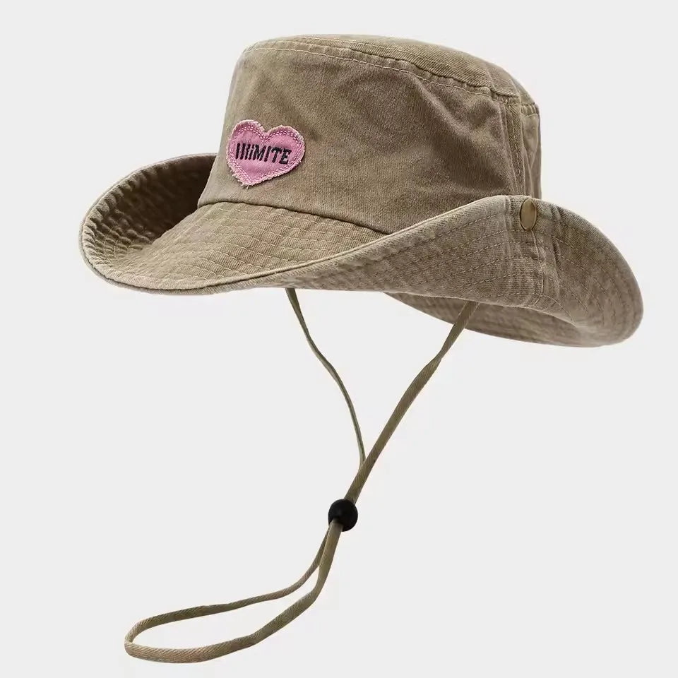 Japanese Retro Washed Cowboy Hats for Women Spring and Summer Outdoor Camping Sun Protection Sweet Pink Love Bucket Caps
