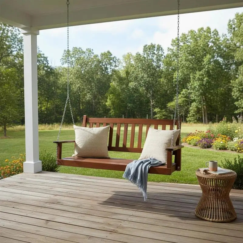 2-Person Wooden Outdoor Porch Swing with 500 Lbs Weight Capacity-Brown