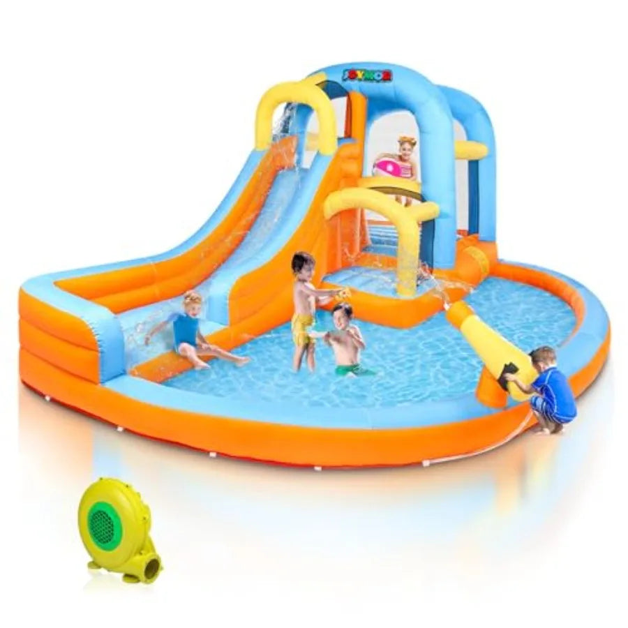 5-in-1 Iatable Water Slide Park, Water Bounce House w/Air Blower, Climbing Wall, Double Jump Area, Splash Pool, Water Cannon, W