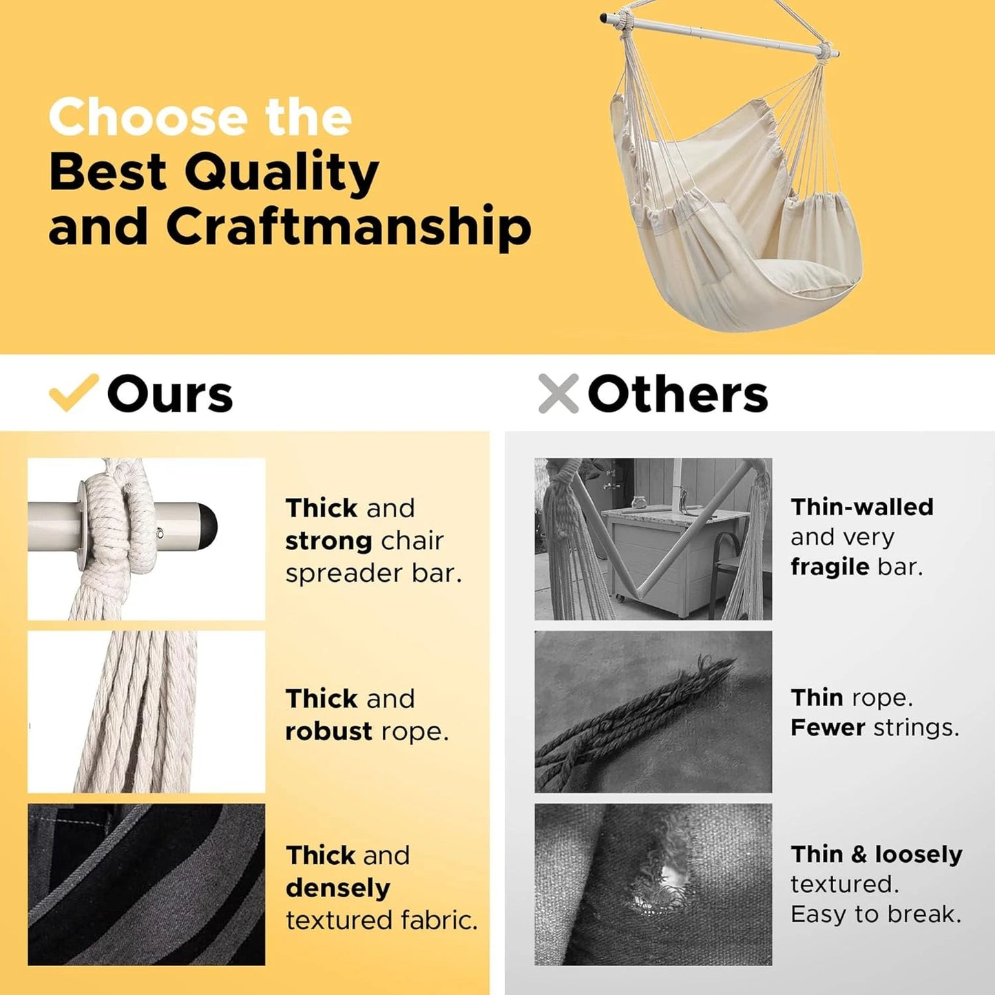 Hanging Swing Chair for Indoor & Outdoor All Weather Use, Premium Soft Cozy Fabric Hammock Chair, Comfort Hanging Seat for Garden Patio Balcony Bedroom