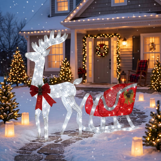 Pre Lit Christmas Reindeer Sleigh Outdoor Garden Decoration