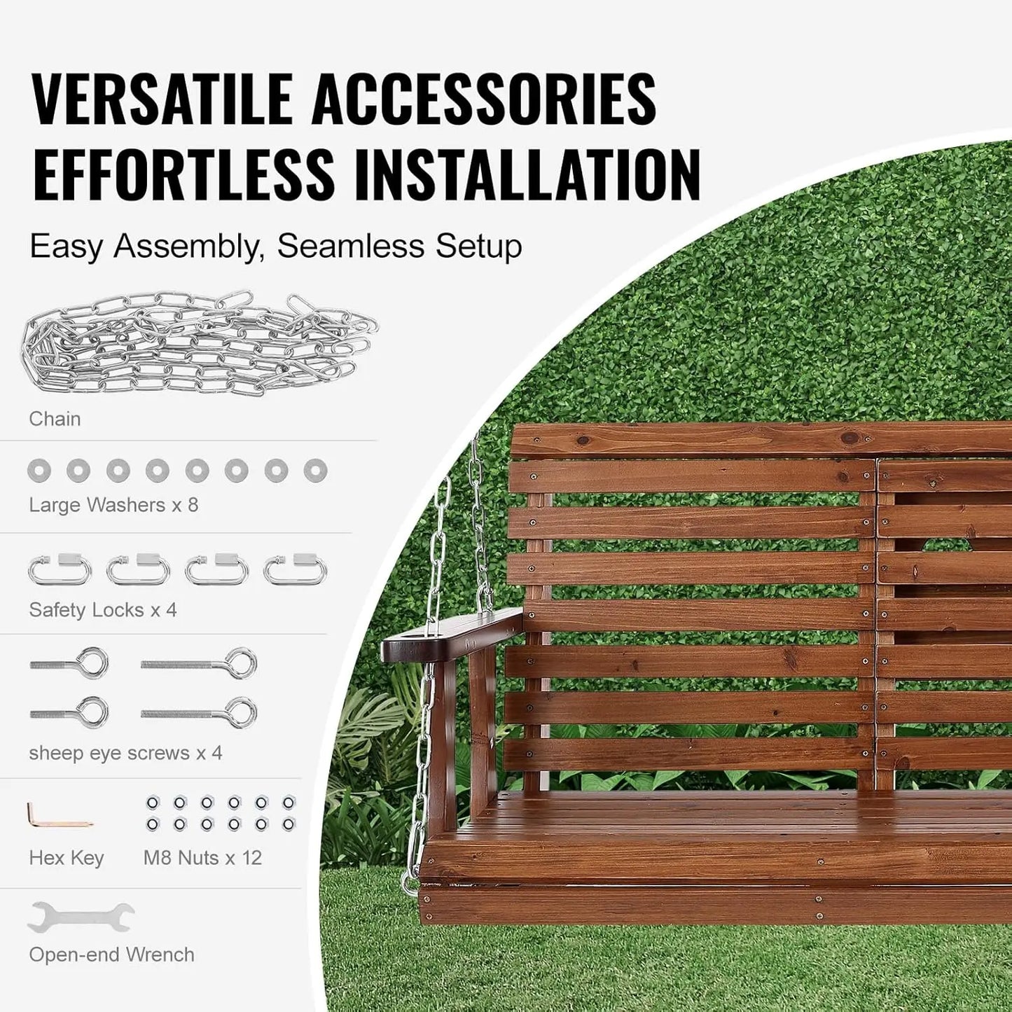 Outdoor Patio Bench Swing in Brown, Wooden, 5 ft, Upgraded 880 lbs Strong Load Capacity with Hanging Chains