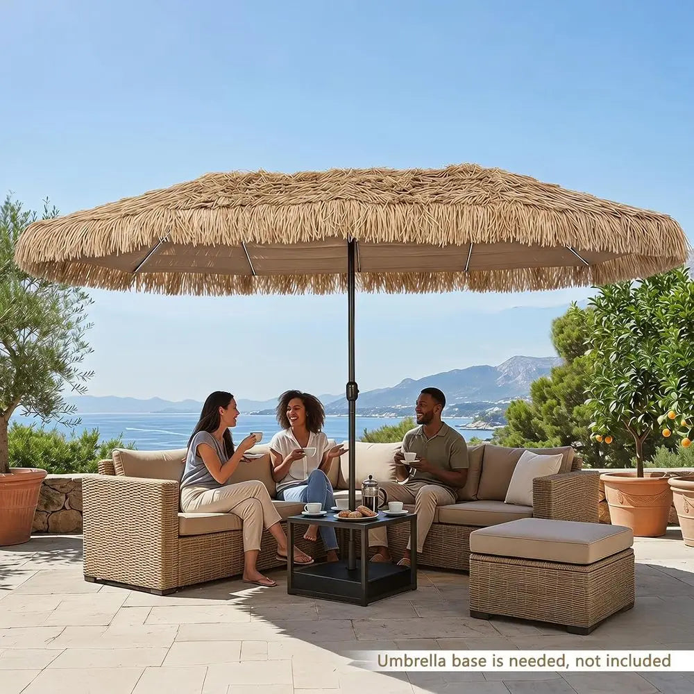15ft Tiki Patio Umbrella with 144 LED Lights, 12 Ribs, Crank Handle, Suitable for Outdoor, Backyard, Poolside, Deck