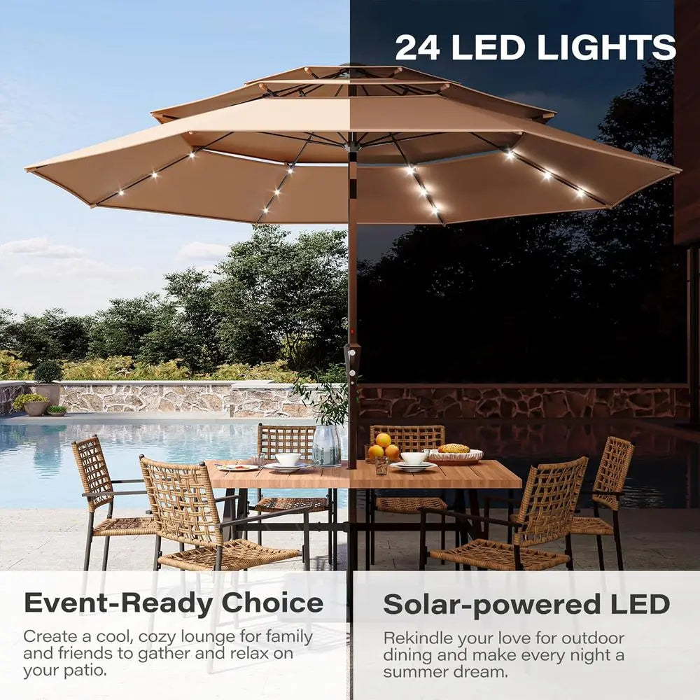 10-Foot LED Patio Umbrella with Crank and 3-Tier Canopy, 8-Rib Outdoor Market Umbrella for Poolside, Garden, Dining, Beige with