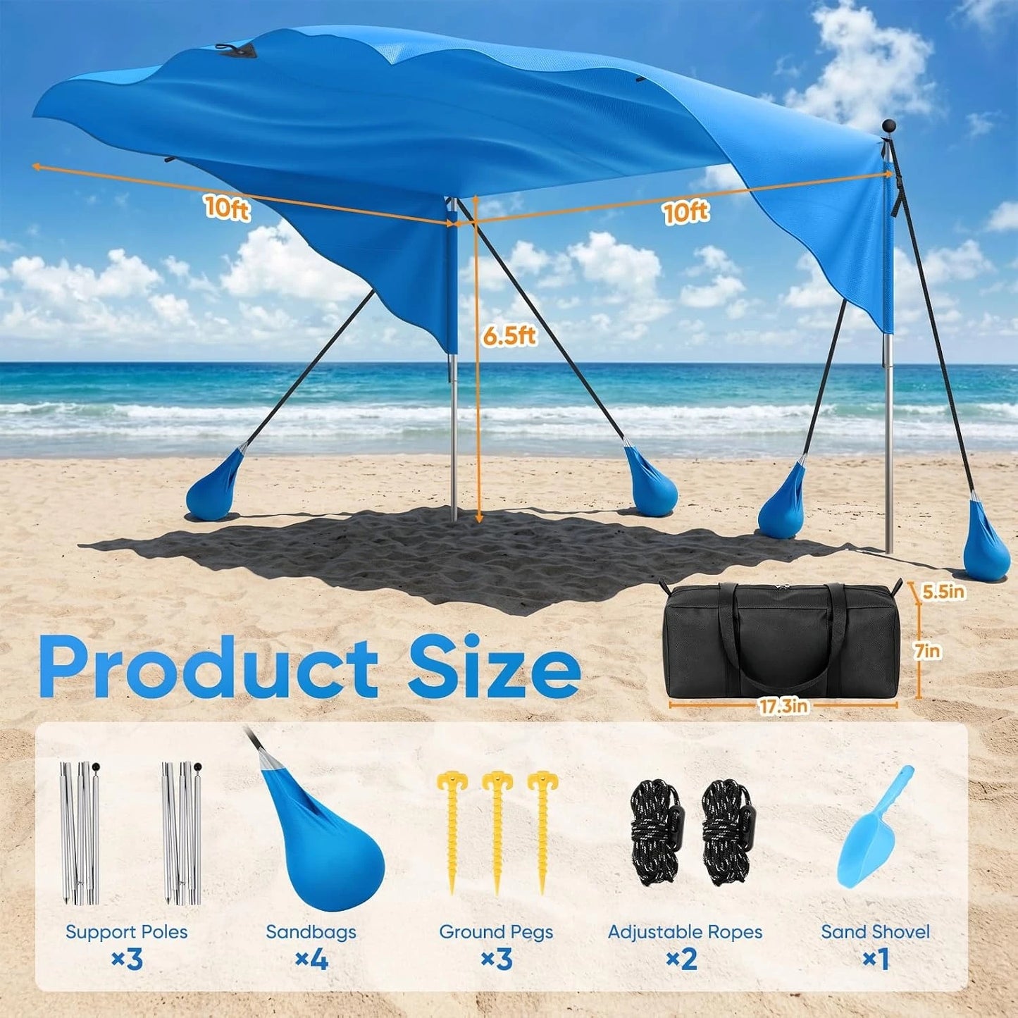 Polyester Beach Shade Canopy, Heavy Duty Wind Supported Sunshade Sail For Outdoor Coastal Trips Family Travel And Backyard, Durable UPF 50 Plus Sun Protection Tent, Blue Single Pack