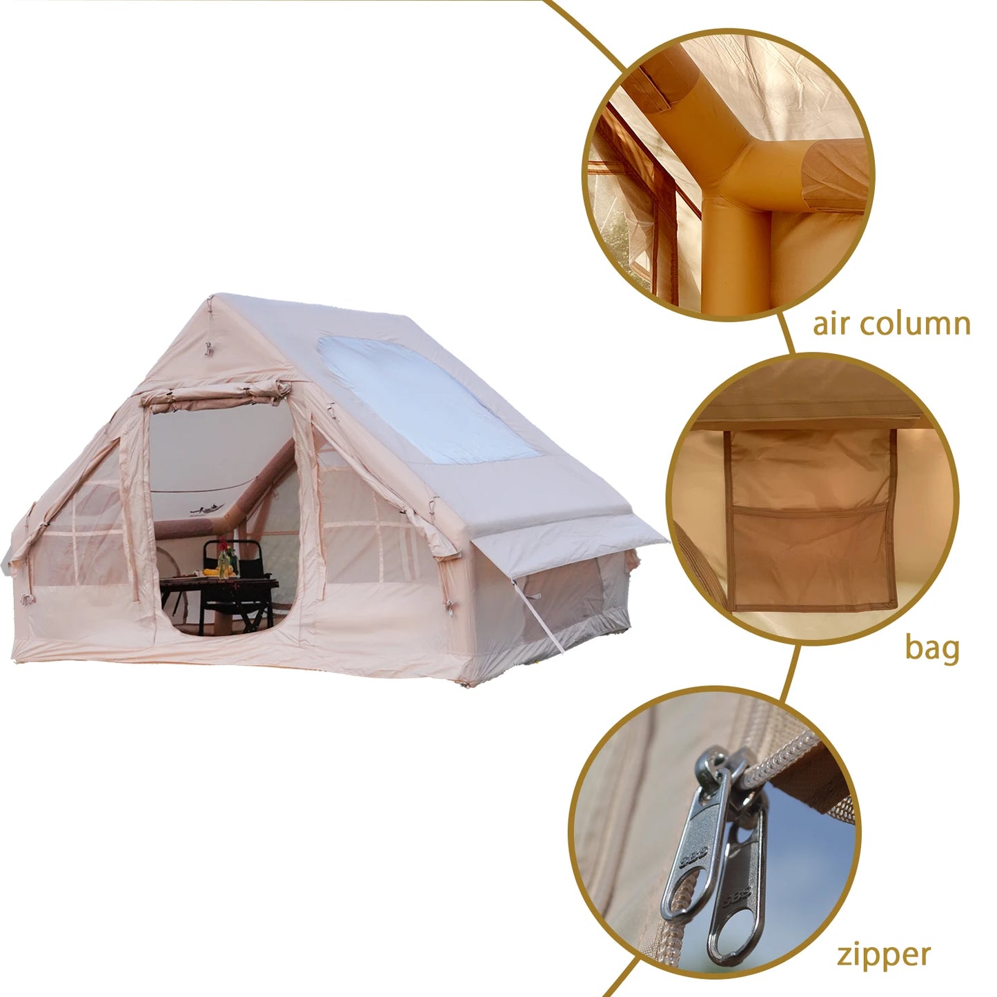 PAKICETUS Premium Inflatable Glamping Tent 4-6 Person, Four Season All-Weather Shelter With Quick Airflow Breathable Mesh Windows, Manual Hand Pump Included, Easy Setup Heavy Wind Resistant Large Family Air Tent House