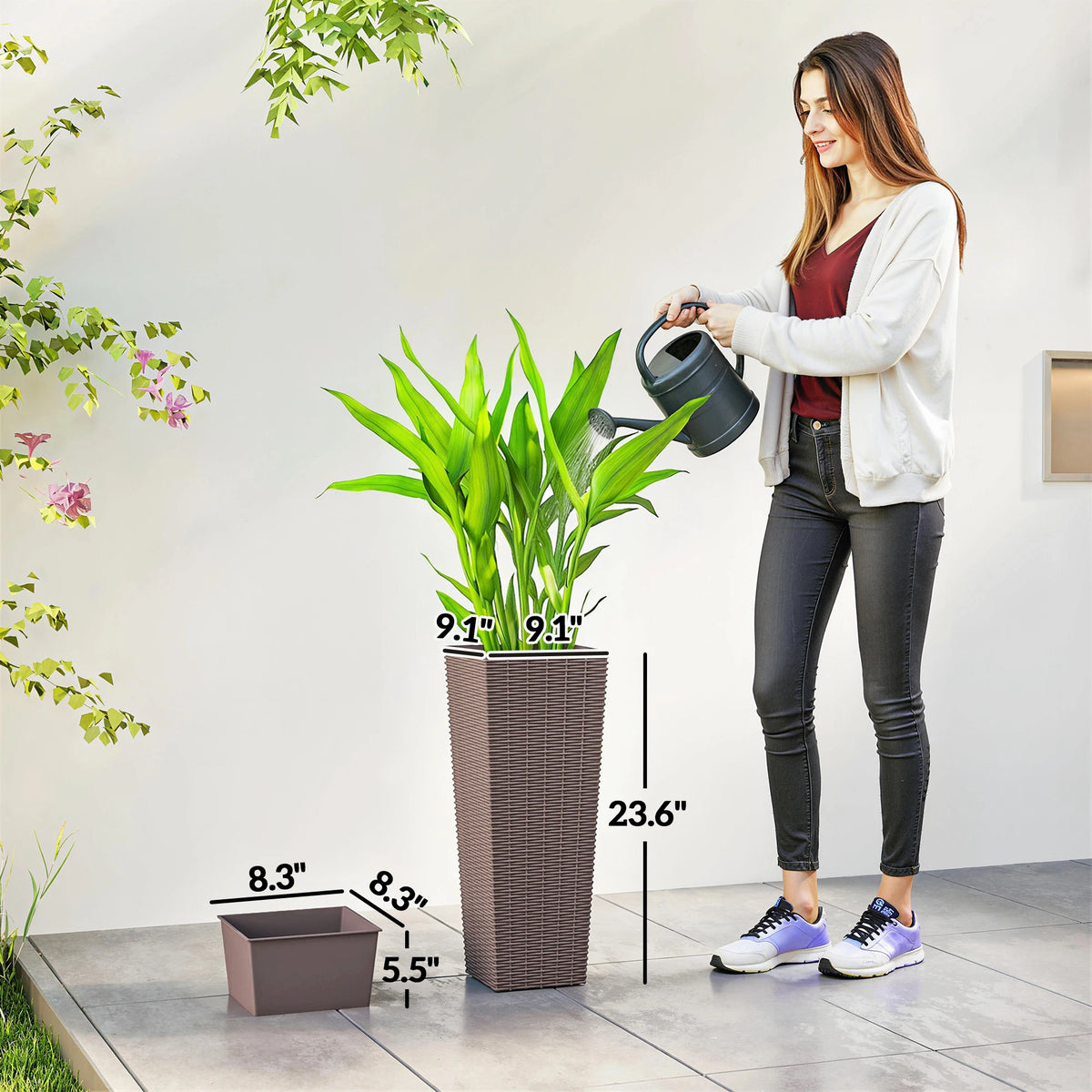 23.6 Inch Set of 2 Tall Planters for Outdoor Plants, Brown