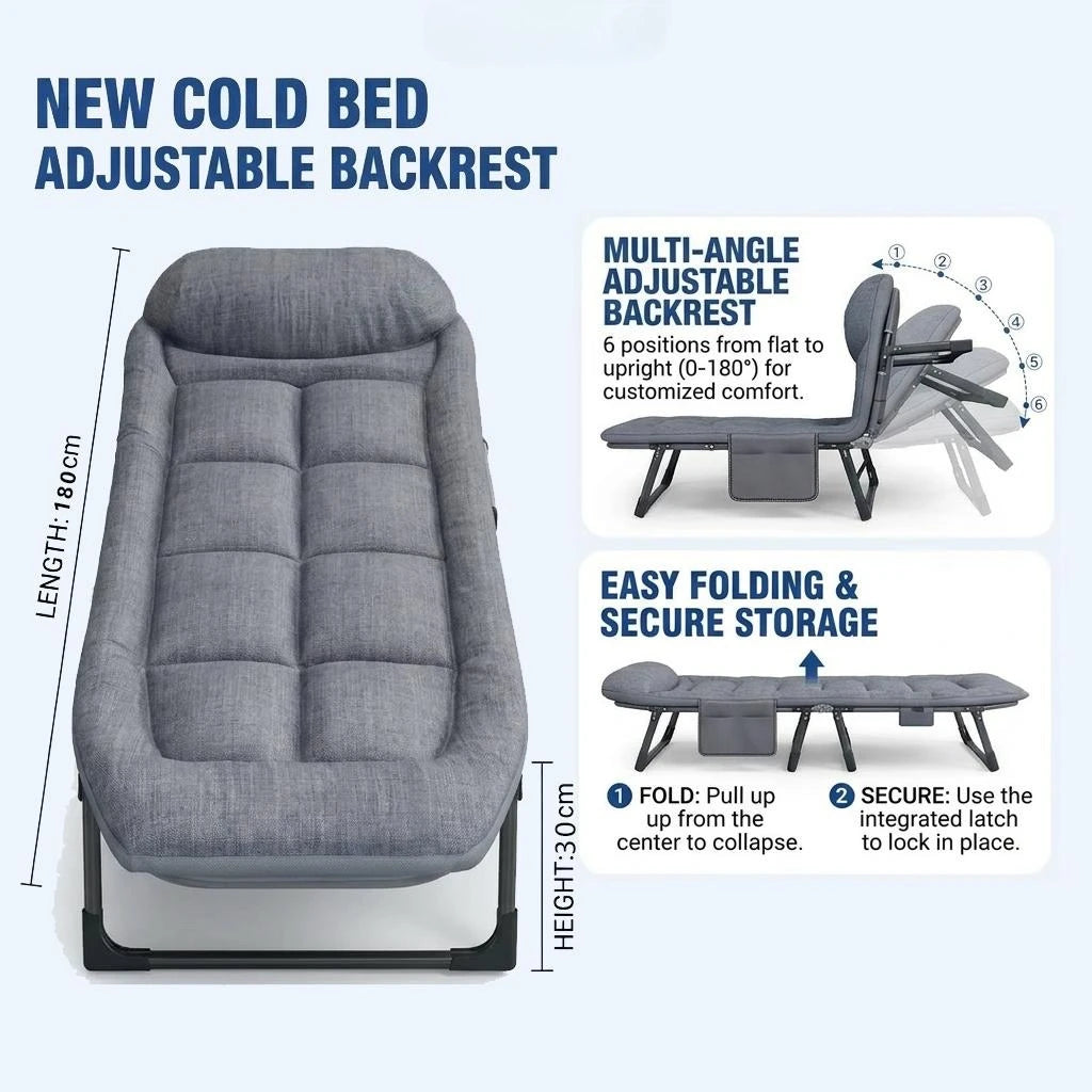 Portable Folding Bed Camping Cot with Soft Padded Mattress 6-Position Adjustable Reclining Sleeping Lounger Heavy Duty Metal Frame for Office Nap Outdoor Travel Guest Space Saving Space