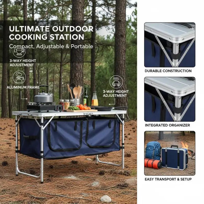 Camping Kitchen Table, Folding Outdoor Cooking Table, 3 Adjustable Height, Aluminum Lightweight Portable Cook Station with Storage Organizer, Carry Handle, for BBQ Party Picnic RV Travel, Blue