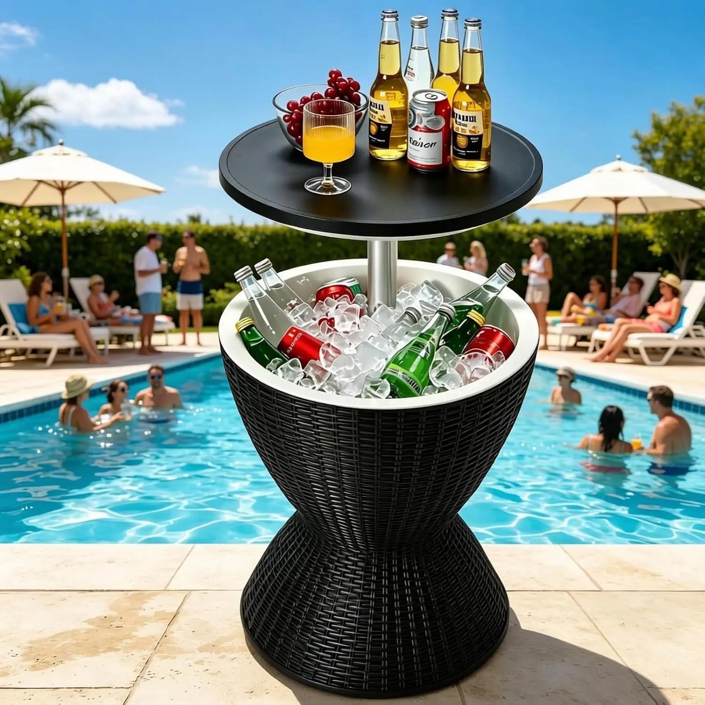 Outdoor Cooler Bar Table Multi Functional Adjustable Height Ice Bucket Side Table With Drain Plug 8 Gallon Patio Beverage Container Mimic Rattan Furniture For Pool Parties Backyard Picnic