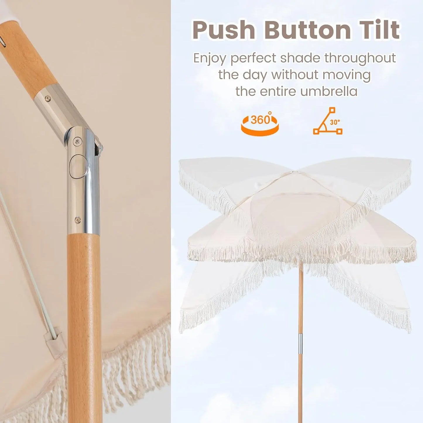 6 FT Patio Umbrella With Fringe, Tassel Outdoor Table Umbrella, Push Button Tilt System, Sturdy Wood Pole, UV Protection Canopy, Boho Backyard Garden Beach Pool Sunshade, Off White