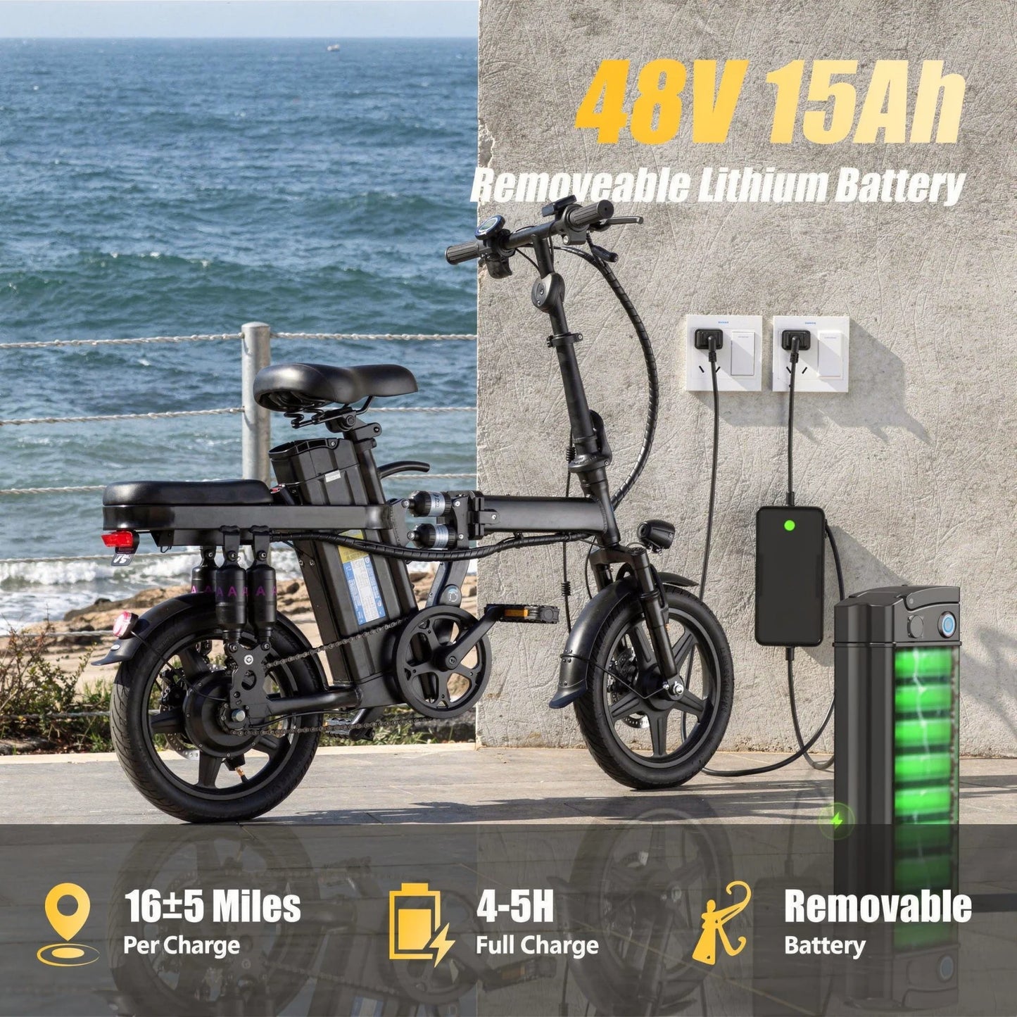 This Adult Folding Electric Bicycle Features a500-watt Motor, a 48-volt 15-amp-hour Battery, 14-inch Tires, and a Maximum Range