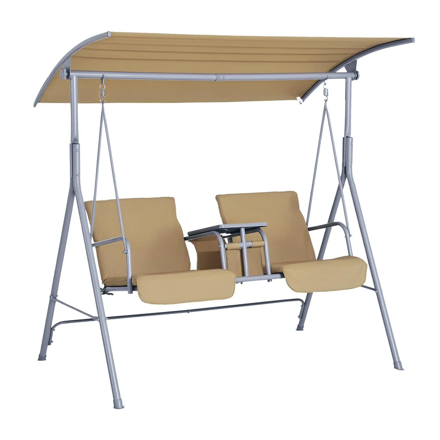 Blue Dual-Seat Outdoor Hanging Swing With Canopy, Center Table, Two Cup Slots, And Padded Cushions For Garden Or Deck