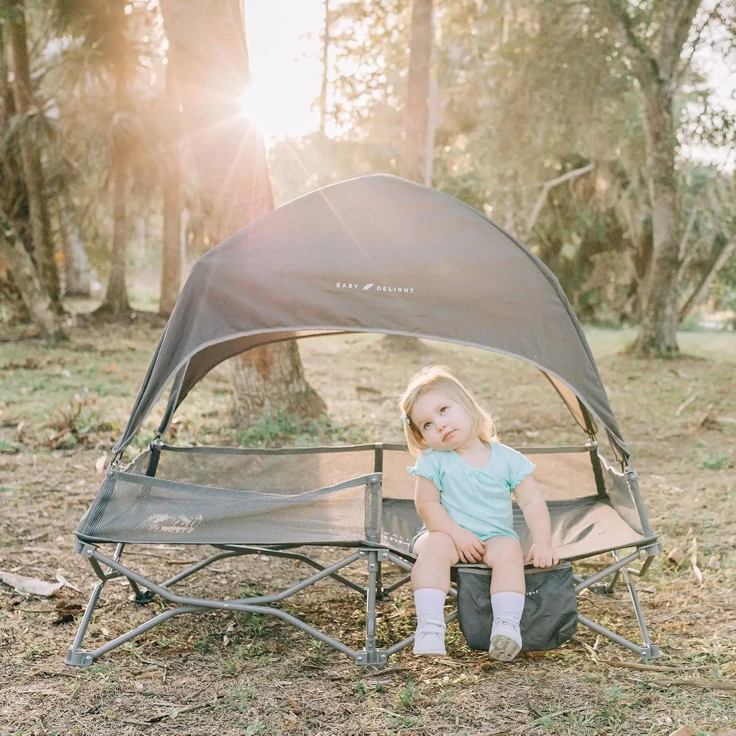 Portable Travel Cot for Toddlers with Sun Canopy, Indoor Outdoor Baby Bed, Folding Camping Crib, Grey