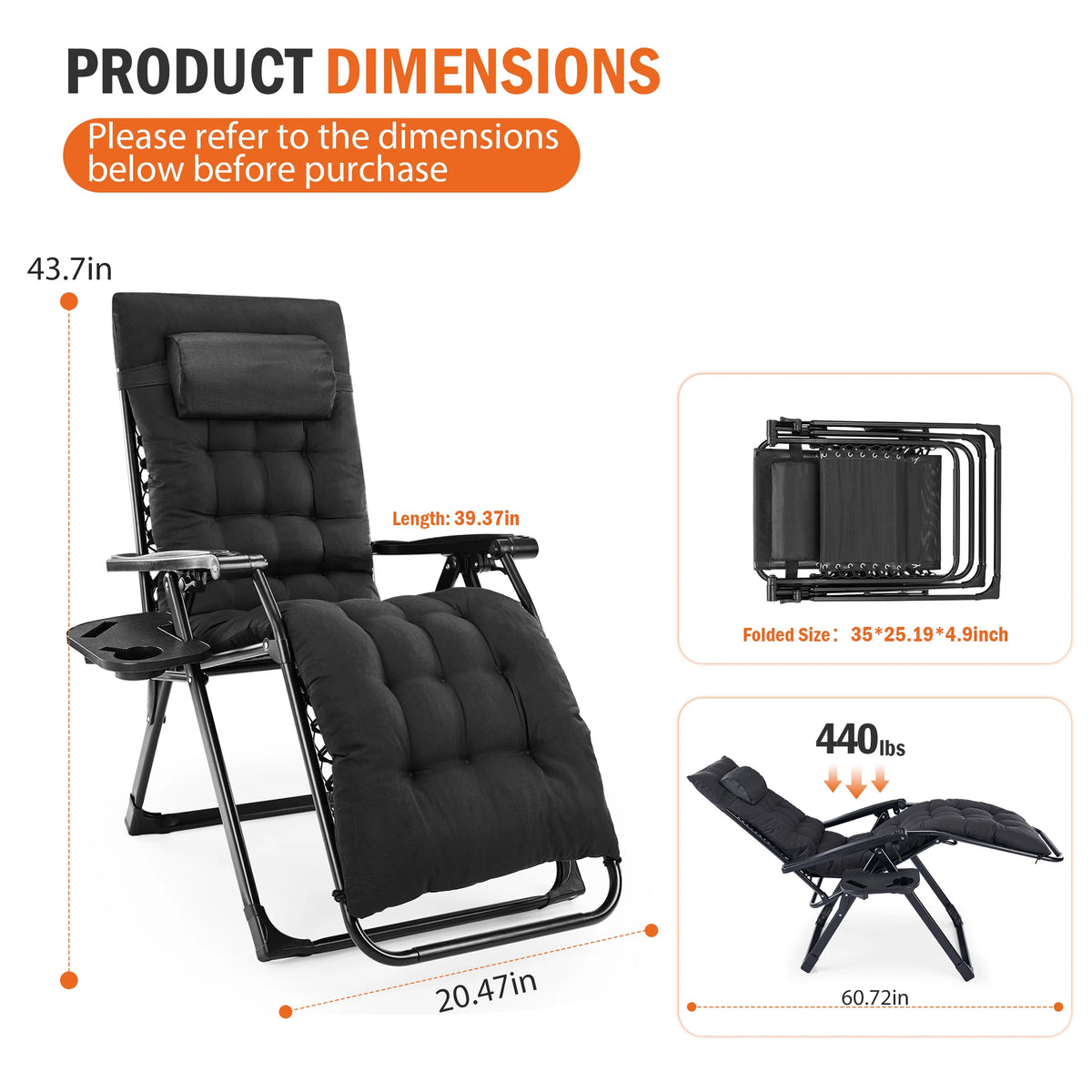 JHK Zero Gravity Reclining Outdoor Lounge Chair With Tray