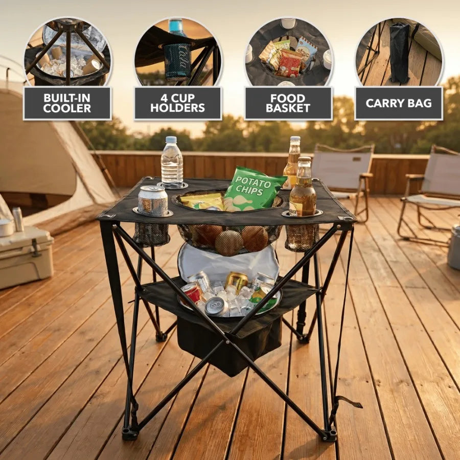 Collapsible Folding Camping Table with Insulated Cooler 4 Cup Holders Food Basket and Travel Bag Portable Tailgating Table for