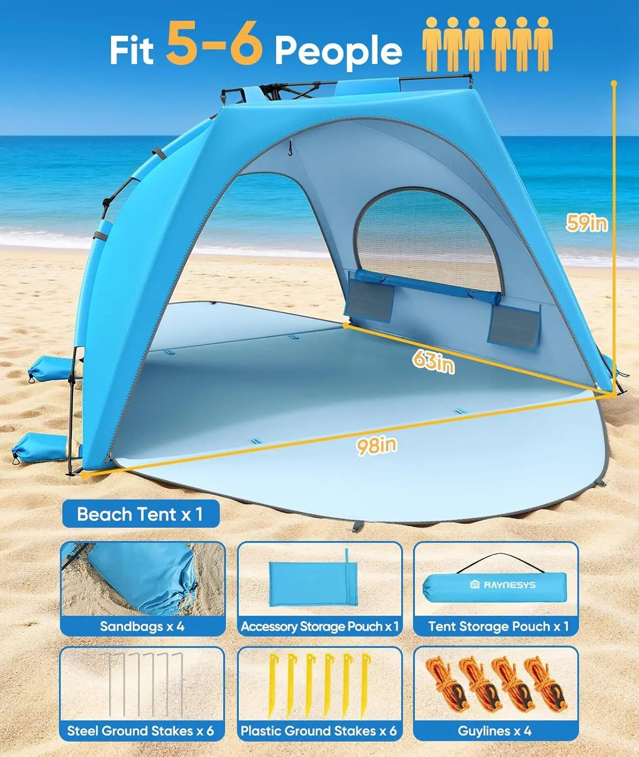 Beach Tent Sun Shelter for 5-6 Person, Pop Up Beach Canopy Waterproof Tarpaulin Awnings, UPF 30+ UV Protection, Breathable Mesh Window, Home Garden Party Tent,Portable Sun Shade Tent with Carrying Bag for Sands & Outdoor Beac