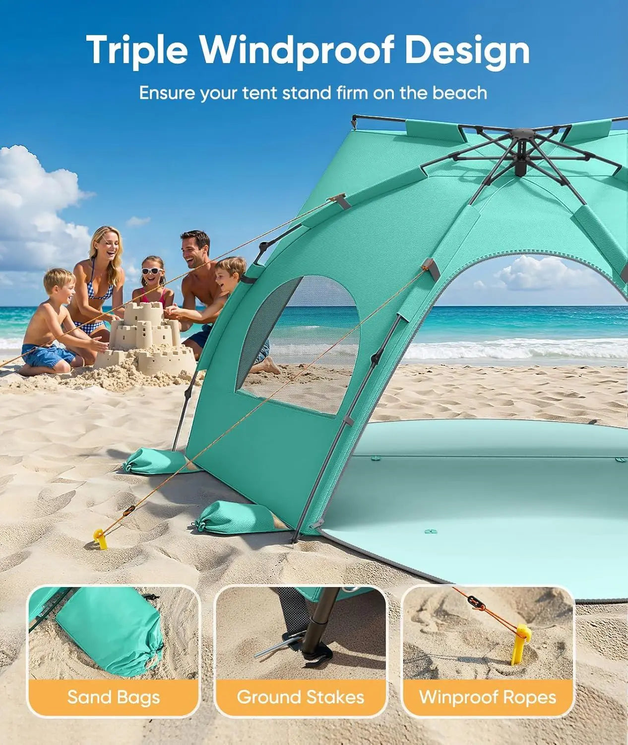 Beach Tent Sun Shelter for 5-6 Person, Pop Up Beach Canopy Waterproof Tarpaulin Awnings, UPF 30+ UV Protection, Breathable Mesh Window, Home Garden Party Tent,Portable Sun Shade Tent with Carrying Bag for Sands & Outdoor Beac