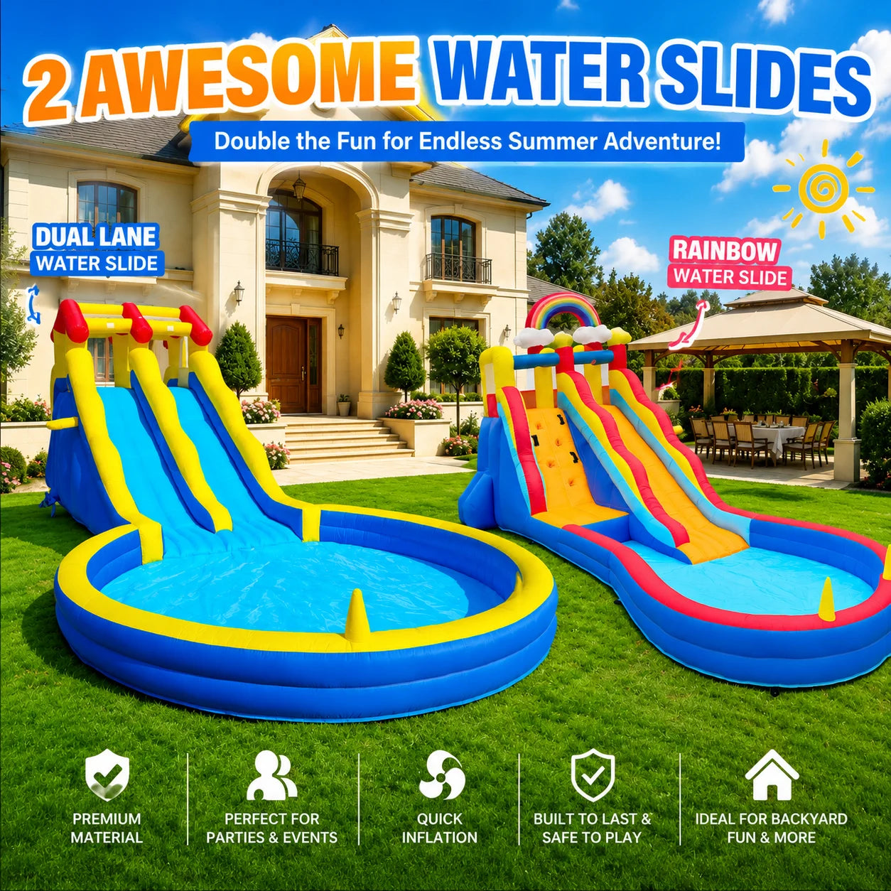 23FT Inflatable Double Lane Water Slide with Splash Pool & Water Sprayer, Heavy Duty Blow Up Backyard Water Park, Quick Inflation for Summer Outdoor Party