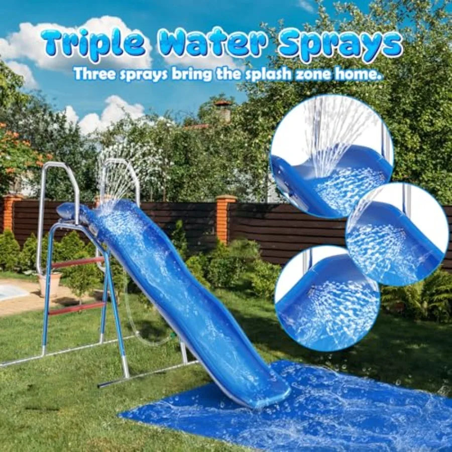 Backyard water slide for kids, PVC material, blue and yellow, 3-zone spray sprinkler with ground tarp for summer outdoor water