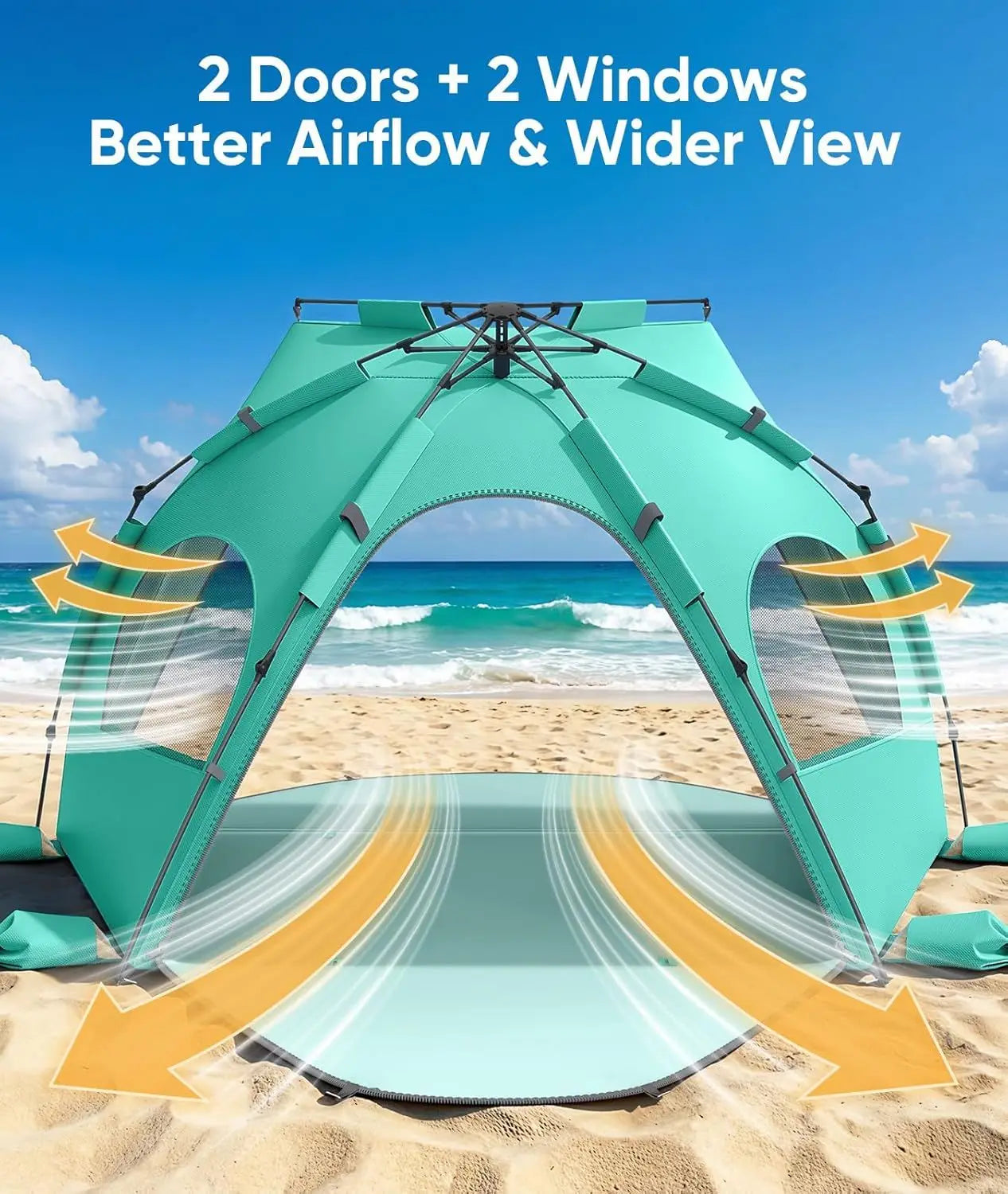 Beach Tent Sun Shelter for 5-6 Person, Pop Up Beach Canopy Waterproof Tarpaulin Awnings, UPF 30+ UV Protection, Breathable Mesh Window, Home Garden Party Tent,Portable Sun Shade Tent with Carrying Bag for Sands & Outdoor Beac