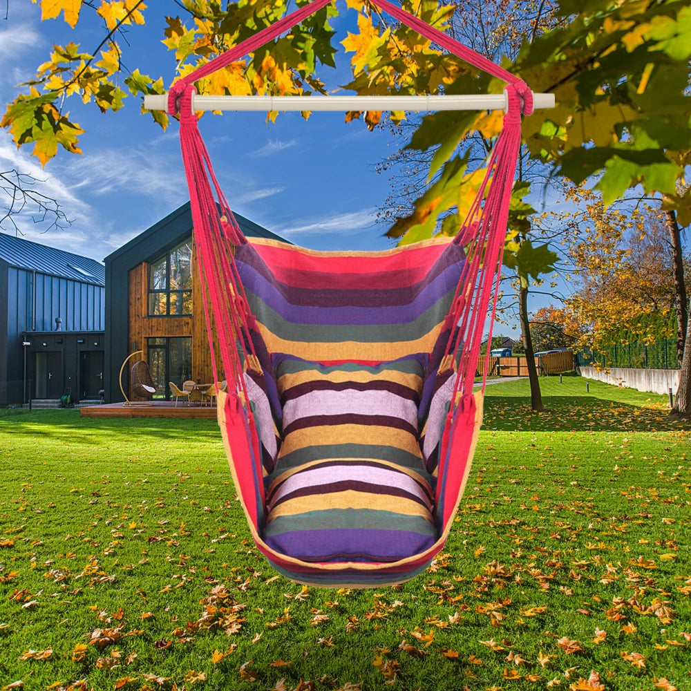 Outdoor Hanging Rope Chair Distinctive Cotton Canvas with 2 Pillows Rainbow 250 Lbs Capacity for Garden Patio Porch Swing
