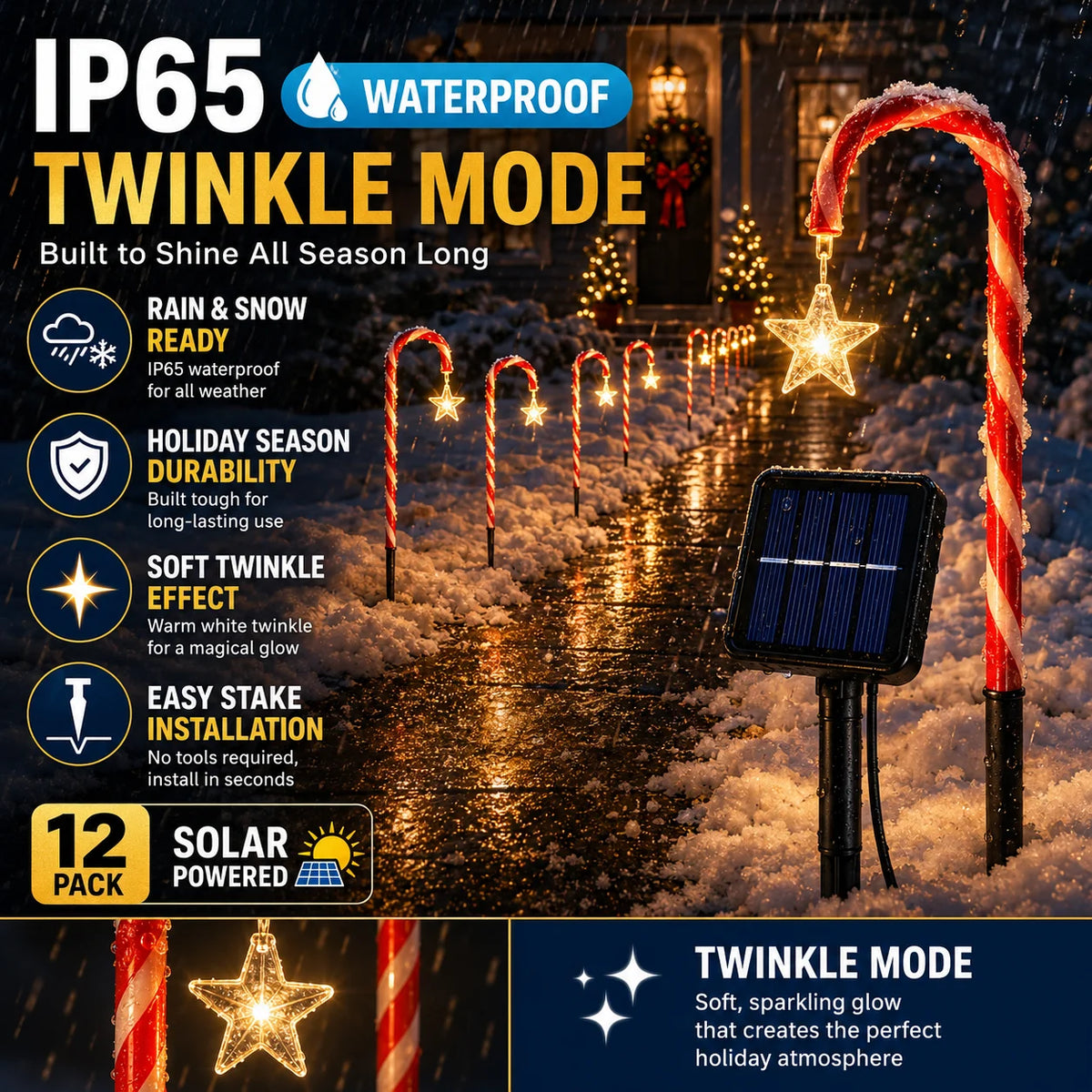 8/12 Pack Solar Candy Cane Lights,Outdoor Christmas Pathway Decor Solar powered candy cane pathway lights with IP65 waterproof, twinkle mode, perfect for Christmas yards, gardens,weddings.