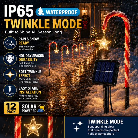 8/12 Pack Solar Candy Cane Lights,Outdoor Christmas Pathway Decor Solar powered candy cane pathway lights with IP65 waterproof, twinkle mode, perfect for Christmas yards, gardens,weddings.