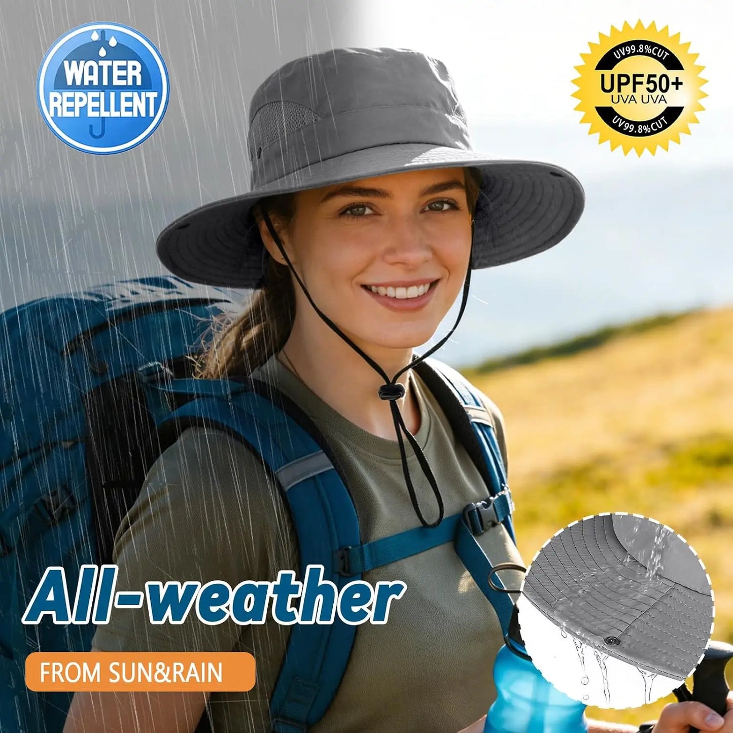 Wide Brim Safari Sun Hat for Men Women with Adjustable Chin Strap for Fishing Hiking Camping