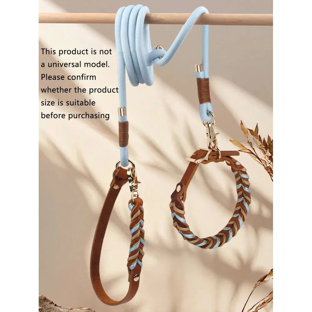 Handmade Braided Genuine Leather Pet Collar, Adjustable Metal Buckle, Suitable For Medium And Large Dogs, Leather Leash Each SK