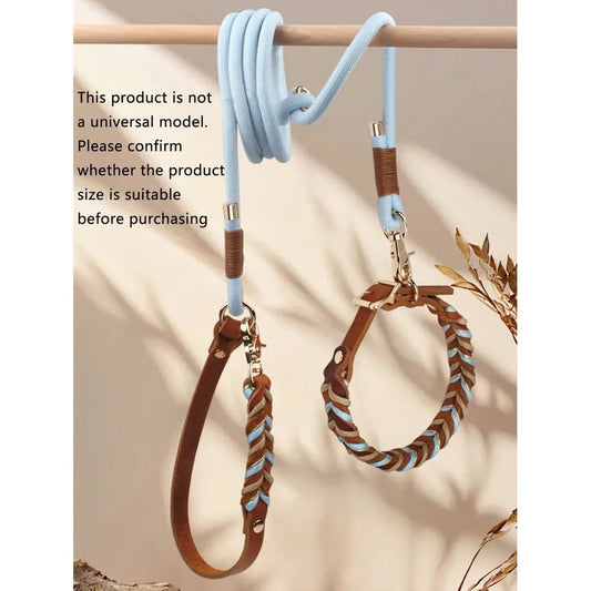 Handmade Braided Genuine Leather Pet Collar, Adjustable Metal Buckle, Suitable For Medium And Large Dogs, Leather Leash Each SK