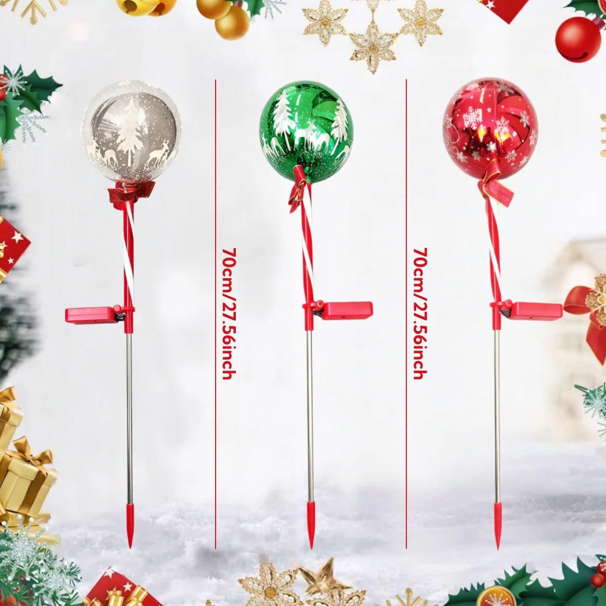 Outside Solar Christmas Lights, Christmas Garden Solar Ball Pile Light, Garden Christmas Tree Snowflake Elk Santa Claus Pile Lantern Ball, for Garden Pathway Home Cemetery Decorations